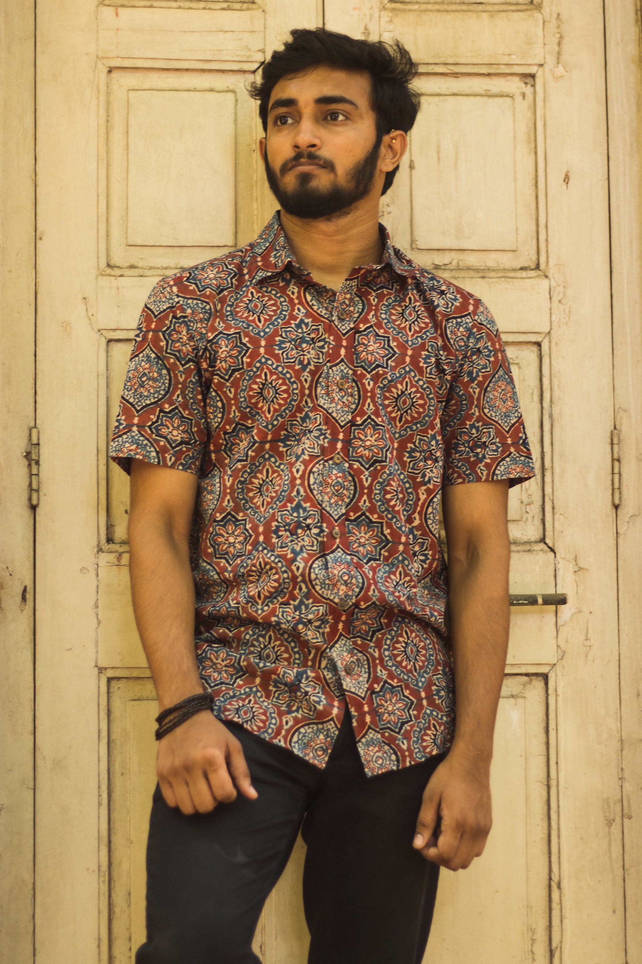 Ajrakh Cotton Shirt For Men Hand Block Printed With Natural Dyes Assal Ajrakh Cotton Shirt For Men Hand Block Printed With Natural Dyes Assal
